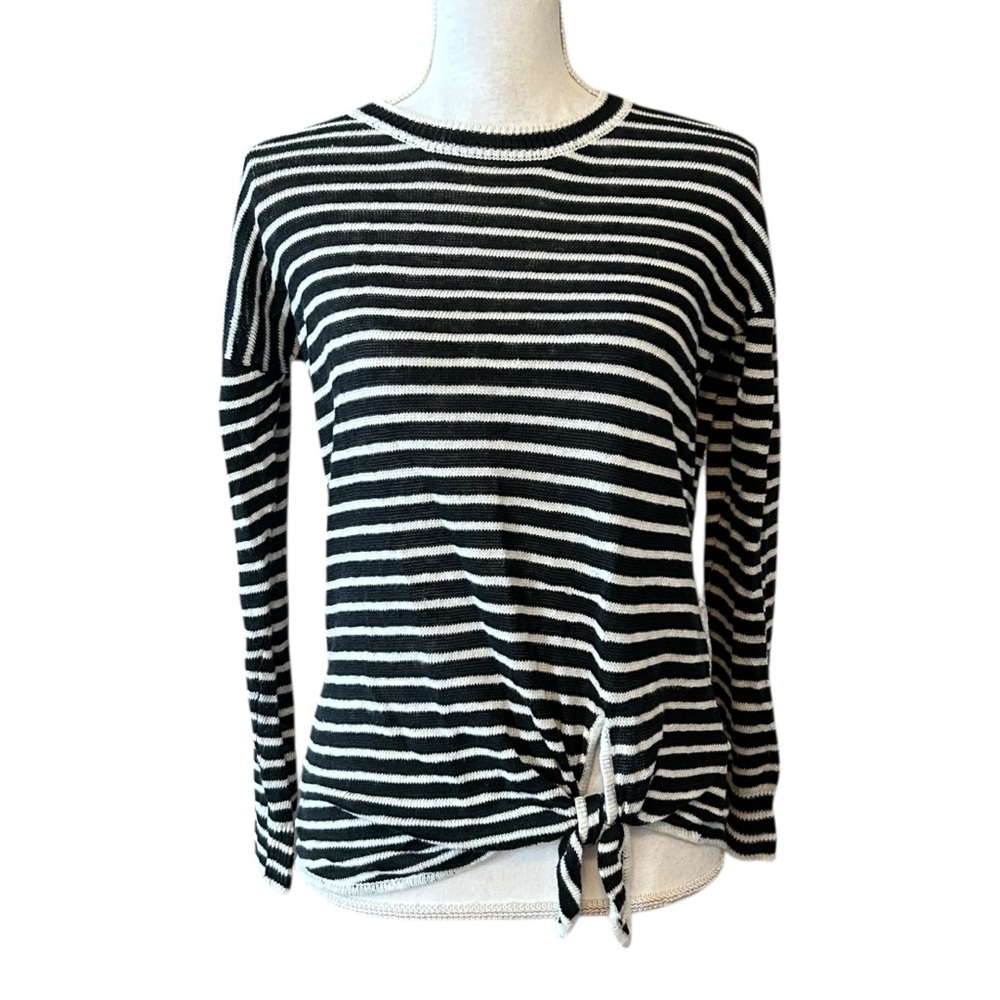 White + Warren 100% Linen Striped Tie Front Lightweight Sweater SZ S Black White